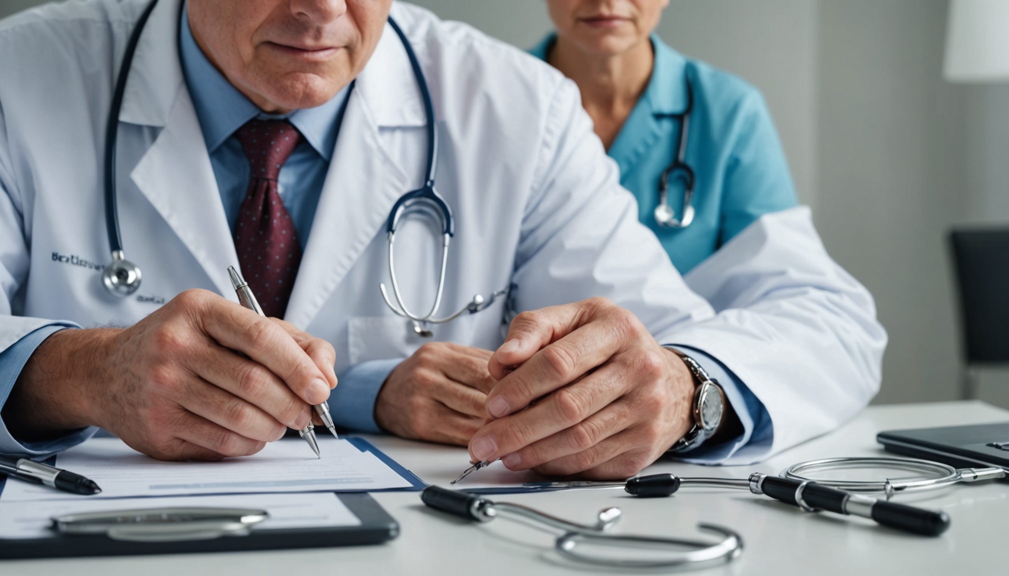 Ilustración médica de un hombre adulto conversando con un profesional de la salud sobre tratamiento de la disfunción eréctil